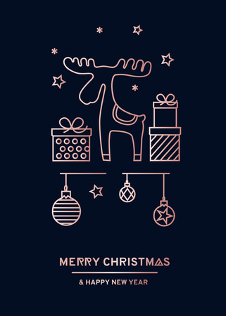 Luxury Christmas greeting card with rose gold lines, snoflakes and navy blue background. Vector illustrationのイラスト素材
