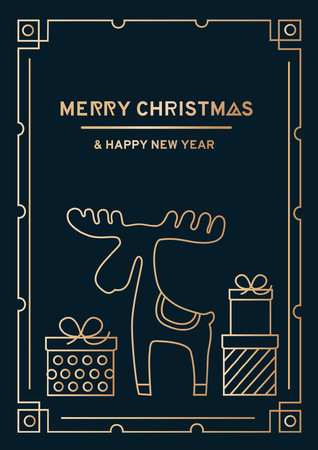 Luxury Christmas greeting card with gold lines, beautiful green background and doodles. Vector illustrationのイラスト素材