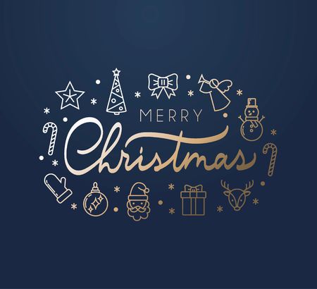 Merry Christmas elegant card with golden lettering, icons and blue background.のイラスト素材