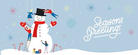 Seasonal card with people building a big snowman and lettering inscription "Season's greetings". Winter teamwork design concept.のイラスト素材