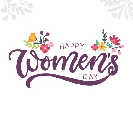 Happy women's day greeting card with flowers and lettering inscription for cards, posters, calendars etc.のイラスト素材