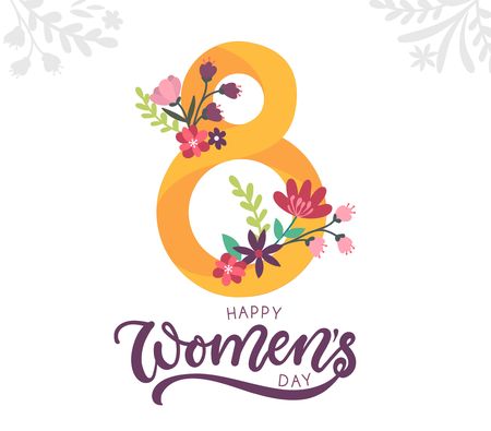 Happy women's day greeting card with floral elements and lettering. Women's day vector illustrationのイラスト素材