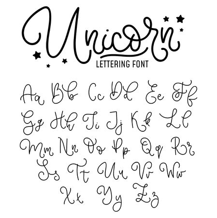 Unicorn hand drawn font design. Cute alphabet with flourish details. Vector unicorn alphabet.のイラスト素材