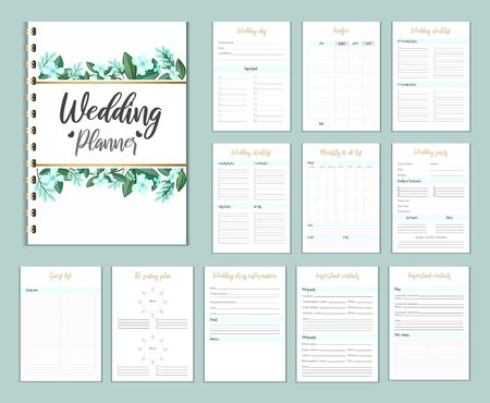 Wedding planer organizer with checklist, wish list, party time etc. Floral diary design for wedding organisation. Vector wedding planer.のイラスト素材