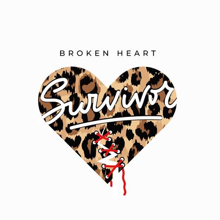 Broken heart survivor fashion print with sewed up broken heart and leopard print. Inspirational love card. Vector illustrationのイラスト素材