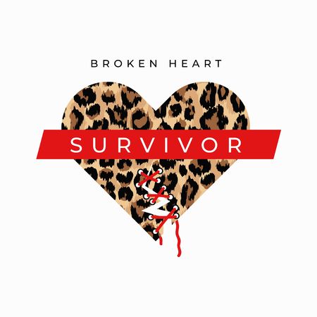 Broken heart survivor fashion print with sewed up broken heart and leopard print. Inspirational love card. Vector illustrationのイラスト素材