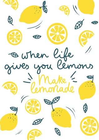 When life gives you lemons make lemonade inspirational card with doodles lemons, leaves isolated on white background. Colorful illustration for greeting cards or prints. Vector lemon illustrationのイラスト素材