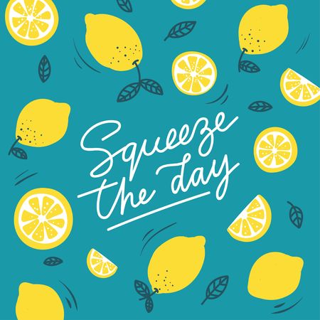 Squeeze the day inspirational card with doodles lemons, leaves isolated on blue background. Colorful illustration for greeting cards or prints. Vector lemon illustrationのイラスト素材