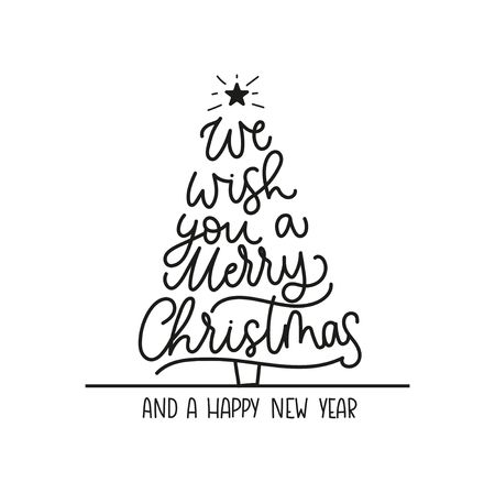 We wish you a merry Christmas and a Happy New Year greeting card with lettering and Christmas tree. Trendy Christmas and New Year print for greeting cards, posters, textile etc. Vector illustrationのイラスト素材