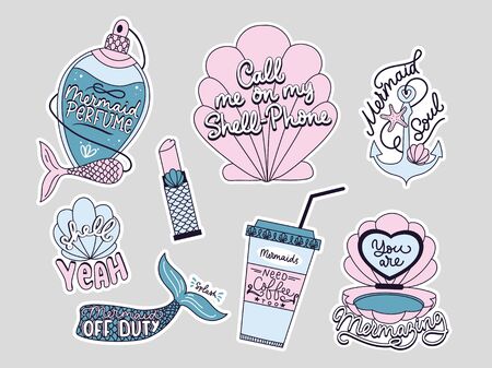 Mermaid quotes and prints set. Mermaid soul. Mermaid perfume. Mermaid off duty. You are mermazing. Inspirational prints and quotes with mermaids.のイラスト素材