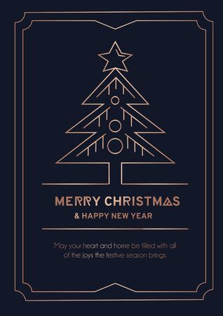 Merry Christmas greeting card with rose gold lines and dark background. Christmas tree with balls and linear frame luxury card. Vector illustrationのイラスト素材