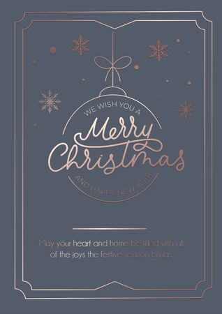 Merry Christmas greeting card with rose gold linear snowball, snowflakes and lettering. Line art New Year greeting card or invitation. Vector illustrationのイラスト素材