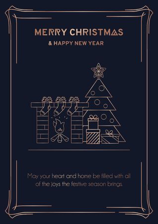 Merry Christmas greeting card with rose gold linear Christmas tree, fireplace, socks and presents. Line art New Year greeting card or invitation. Vector illustrationのイラスト素材