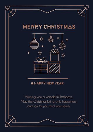 Merry Christmas greeting card with rose gold lines and dark background. Christmas tree balls, snowflakes, linear gifts and lettering luxury card. Vector illustrationのイラスト素材