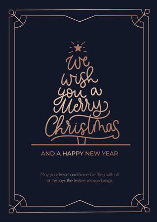 We wish you a Merry Christmas greeting card with rose gold lines and navy blue background. Christmas tree with lettering and linear frame. Vector illustrationのイラスト素材