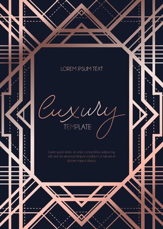 Luxury template design vector illustration. Invitation card or flayer with deep black background texture and rose gold geometric lines and frame flat style concept. Place for textのイラスト素材