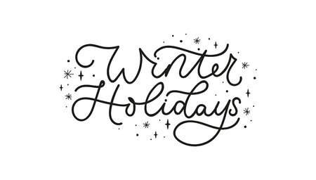 Winter holidays banner vector illustration. Beautiful black template with inspirational lettering, snowflakes, stars flat style design. Xmas eve concept. Isolated on white backgroundのイラスト素材