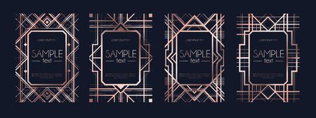 Set of frames with navy blue color vector illustration. Collection of invitation or flayer cards with dark texture and rose gold geometric lines flat style concept. Empty place for textのイラスト素材