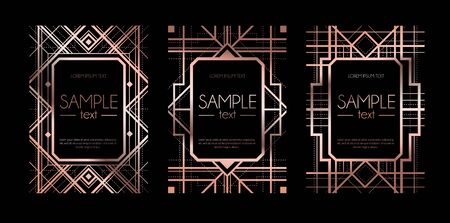 Collection of frames with black background vector illustration. Set of invitation card or flayer with deep colour texture and rose gold geometric lines and frame flat style concept. Place for textのイラスト素材