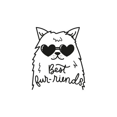 Best furriends funny card vector illustration. Template with cute cat in heart-shaped glasses and inspirational lettering in black color for design print t-shirt or postcard. Isolated on whiteのイラスト素材