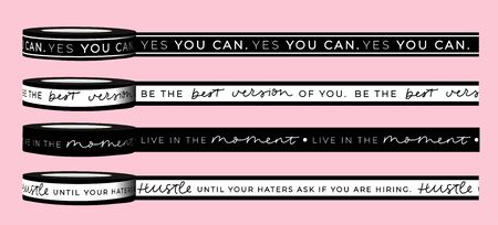 Motivational tapes written in pink and black tones banner vector illustration. Girly inspirational quotes put encouraging meaning to increase woman boss self-esteem. Female t-shirt design conceptのイラスト素材