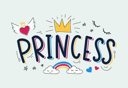 Pretty princess inspirational card quote banner vector illustration. Girly childhood room carefree design with rainbow, heart with wings and crown. Children birthday invitation card conceptのイラスト素材