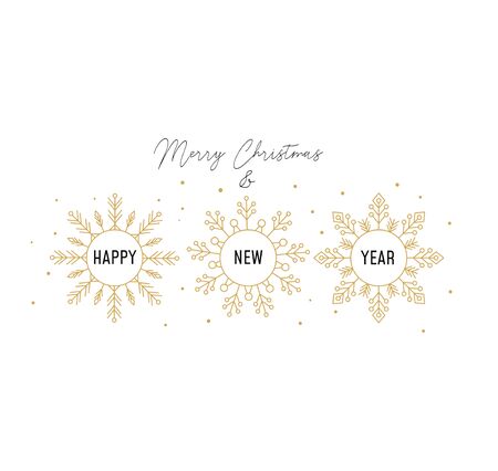 Winter holidays greeting card with snowflakes vector illustration. Festive postcard with lettering Merry Christmas and three golden flakes of snow with inscription Happy New Year inside itのイラスト素材