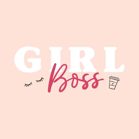 Girl boss lettering card with cup and eyelash symbol vector illustration. Postcard inspirational feminist phrase on white background. Poster with feminine printのイラスト素材