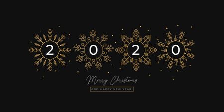 Festive linear greeting card with flakes of snow vector illustration. Merry Christmas and Happy New Year 2020 postcard with golden snowflakes. Xmas holidays conceptのイラスト素材