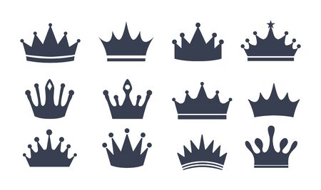 Set of different black beautiful crowns vector illustration. Silhouette symbols flat style. King or queen accessory. Luxury concept. Isolated on white backgroundのイラスト素材