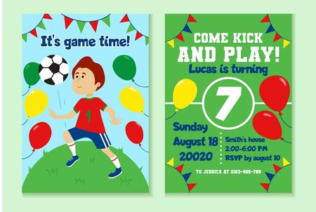 Football birthday party invitation with decor vector illustration. Garland and colourful balloons decorations flat style. Soccer and fun time with friends conceptのイラスト素材