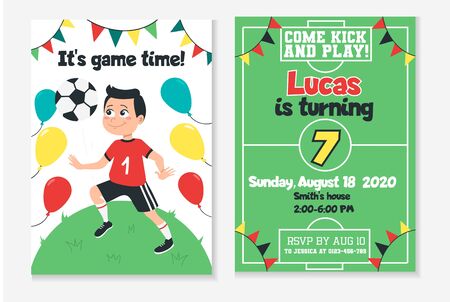 Kids football birthday party invitation vector illustration. Game and win. Place and time information flat style. Come kick and play. Fun soccer and childhood conceptのイラスト素材