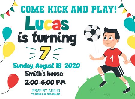 Cute birthday party invitation with boy hit ball vector illustration. Come kick and play flat style. Fun festive event. Sport and activity. Childhood conceptのイラスト素材