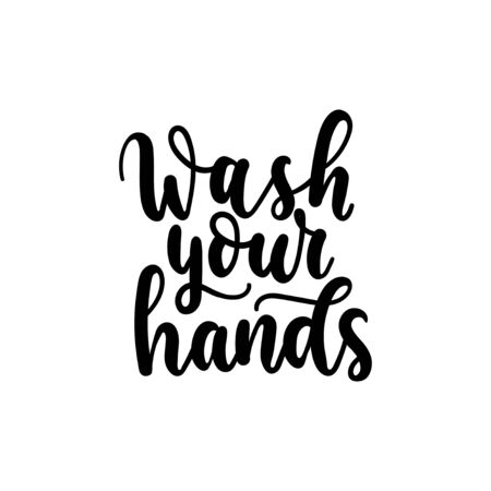 Wash your hands card with black ink lettering vector illustration. Handwashing with soap flat style. Recommendation poster concept. Isolated on white backgroundのイラスト素材