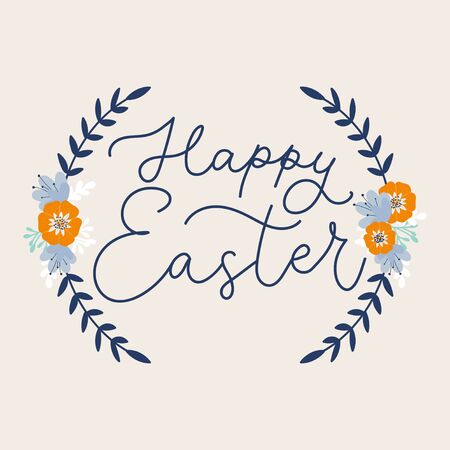Happy easter handwritten lettering on floral card vector illustration. Greeting text and flower decorations flat style. Isolated on white. Festive holiday and spring conceptのイラスト素材