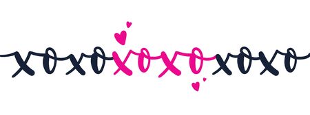 Xo xo xo card with doodles and hearts vector illustration. Pink and black colours of letters flat style. Inspiration love and kiss concept. Isolated on white backgroundのイラスト素材