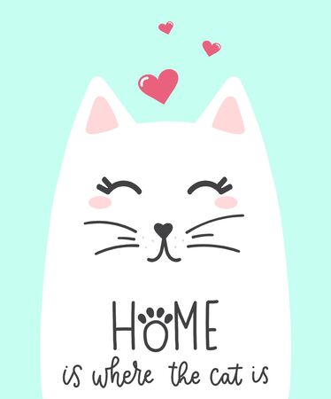 Cute kitty with hearts decorations and lettering vector illustration. Domestic animal with handwritten text flat style. Inspiration concept. Isolated on blue backgroundのイラスト素材