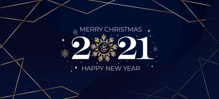 2021 Merry Christmas and Happy New Year card with navy blue background and golden abstract lines. Luxury template for cards, banner or invitation. Elegant Christmas vector illustration.のイラスト素材