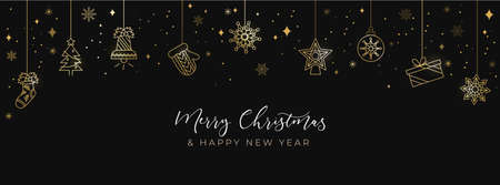 Merry Christmas linear elegant card with geometric golden icons. Present, star, Christmas tree, glove on dark background. Simple holiday background. Vector illustrationのイラスト素材