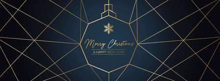 Merry Christmas banner. Xmas luxury design template for wallpaper, greeting card, banner, invitation. Christmas rose gold snowflakes icons on navy blue background. Vector illustrationのイラスト素材