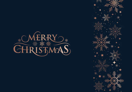Merry Christmas elegant greeting card. Xmas luxury design template for wallpaper, greeting card, banner, invitation. Christmas rose gold snowflakes icons on navy blue background. Vector illustrationのイラスト素材