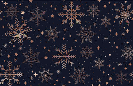 Elegant Christmas seamless pattern with rose gold snowflakes and navy blue background. Luxury New year background. Vector illustrationのイラスト素材