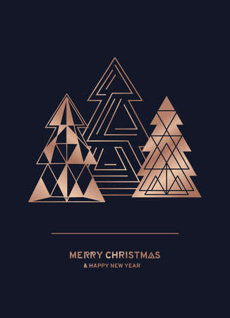 Premium Christmas greeting card with stylized geometric Christmas trees. Rose gold elegant New year greeting card with navy blue background. Luxury design for greeting card, banner. Vector illustrationのイラスト素材