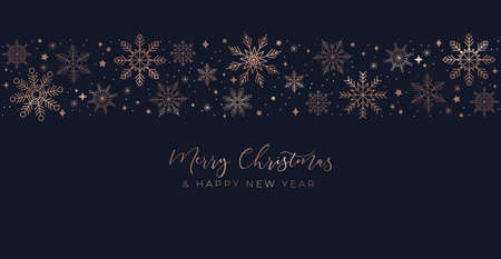 Luxury Christmas design with rose gold linear snowflakes. Xmas elegant background. Merry Christmas and Happy new year festive greeting card. Vector illustrationのイラスト素材