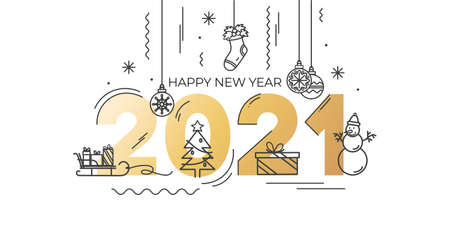 2021 Happy New Year greeting card with golden text and linear icons. Trendy Christmas and New Year design for party invitation, greeting card, poster, banner etc. Vector illustrationのイラスト素材