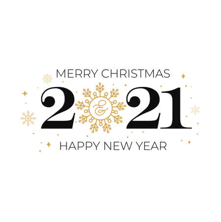 2021 Happy New year design with golden snowflakes. Minimalistic trendy New year greeting card, banner or invitation design isolated on white background. Vector illustrationのイラスト素材