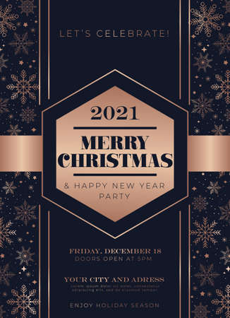 Elegant minimalistic Christmas invitation or greeting card with rose gold lines, snowflakes and navy blue background. Luxury Merry Christmas and Happy New Year design template. Vector illustrationのイラスト素材