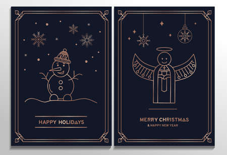 Luxury Christmas cards set. Elegant New year templates with rose gold geometric elements and navy blue background. Rose gold snowflakes, angel and snowman in line art style. Vector illustrationのイラスト素材