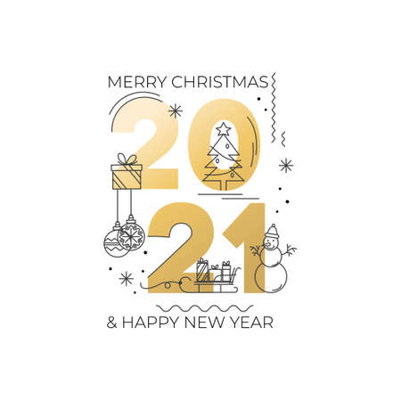 Happy New Year 2021 elegant banner or greeting card template. Golden text with holidays icon isolated on white background. Christmas tree, snowflakes, christmas balls, snowman icon. Vector illustrationのイラスト素材