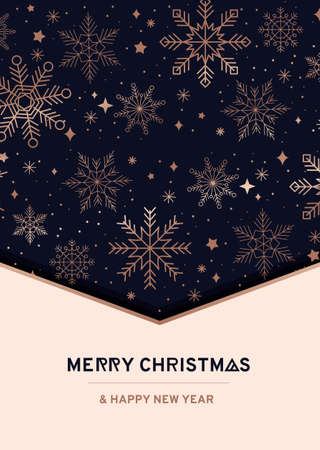 Luxury holiday greeting card design with rose gold linear snowflakes. Xmas elegant background. Merry Christmas and Happy new year festive greeting card. Vector illustrationのイラスト素材